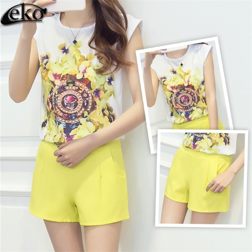 New Fashion Suit For Women Summer 2 Piece Clothing Set Casual Printed Chiffon Tops And Shorts 2 Piece Set For Women Sets T200325