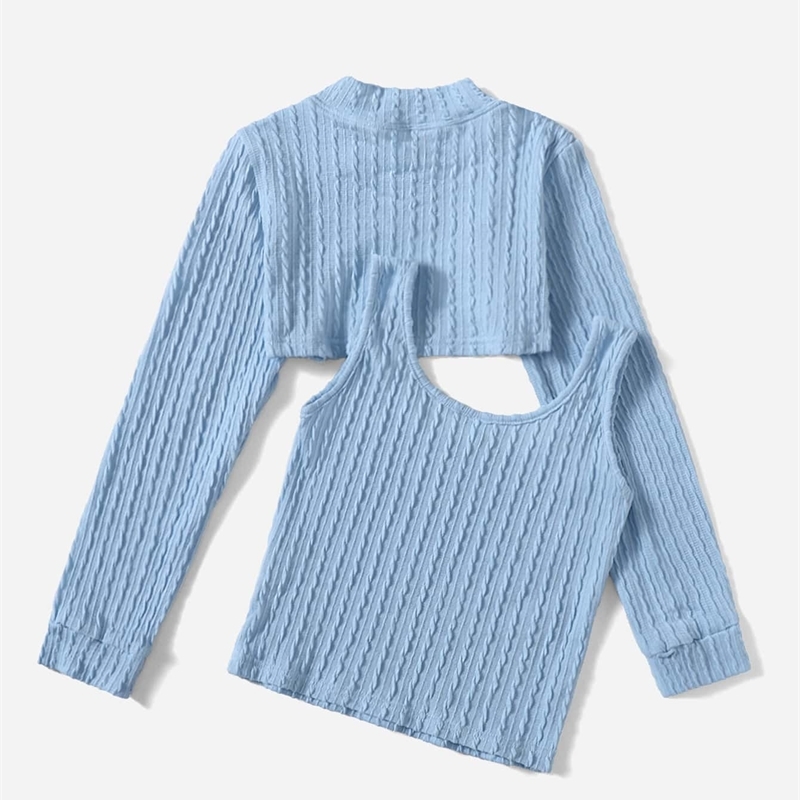 Girls Mock Neck Asymmetrical Hem Textured Top & Tank SHE