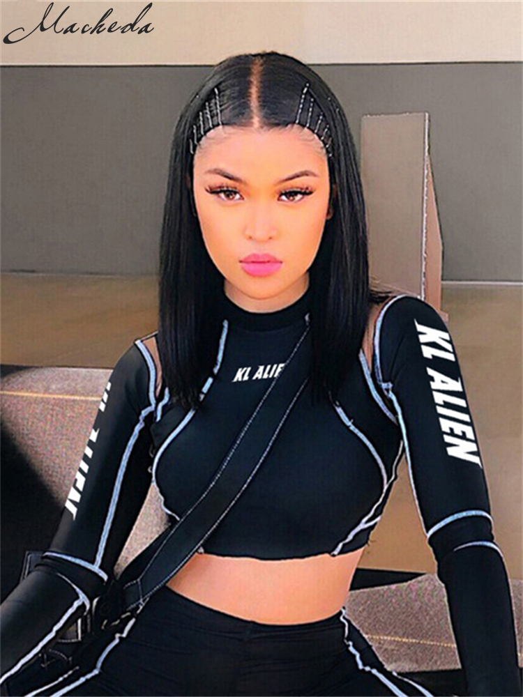 Macheda Sexy T Shirt Women O Neck Long Sleeve Mesh Patchwork Casual Slim Crop Tops Letter Printing Skinny Short Top 220714