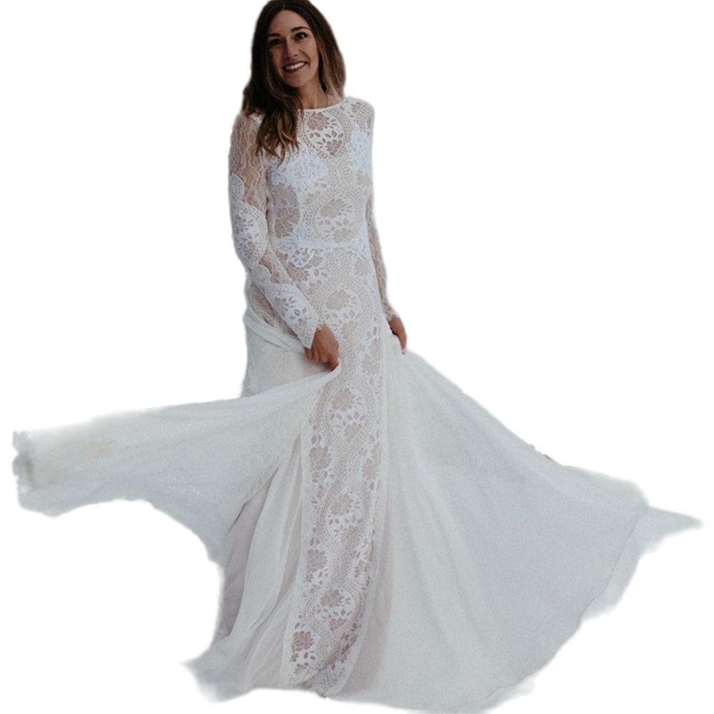 Sexy Open Back Lace Boho Wedding Dress Pattern Lace Applqiues A Line Long Bridal Gowns Full Sleeve 2022 Winter Autumn Bride Dresses Chiffon Court Trai