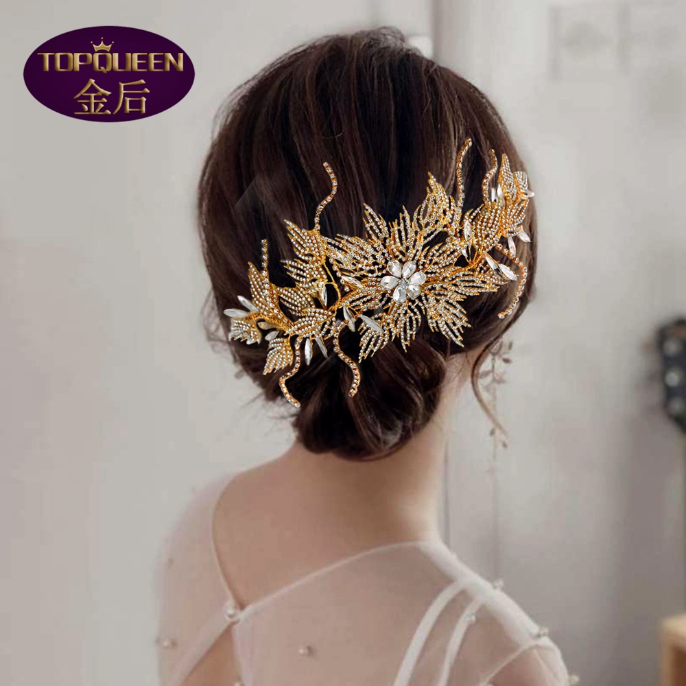 Gold Hollow Alloy Leaf Diamond Bridal Tiara Baroque Beautiful Headpieces Bride Ladies Jewelry Crowns Bride Wedding Crown Accessories European Retro Pa