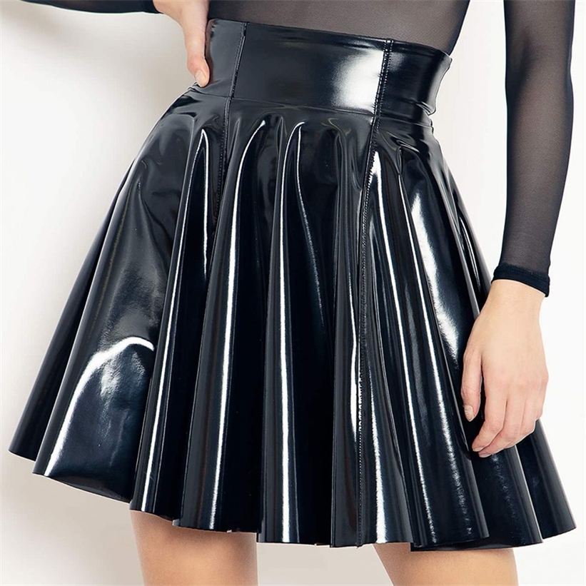 Gothic Women Wet Look Patent PU Leather Skirt Lady High Waist PVC Flared Pleated A-line Circle Mini Skater Clubwear Custom 220324