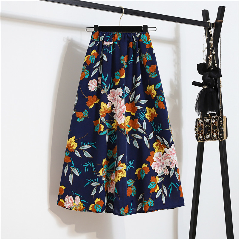 Summer Skirts Womens Vintage Floral Print Chiffon A-Link Elastic High Waist Casual Midi Clothes Jupe Plus Size 220317