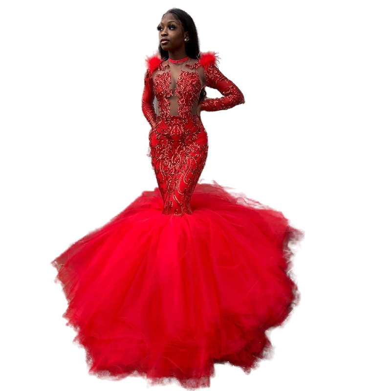 Sparkly Red Sequined Long Sleeve Prom Dresses Feather Mermaid Pageant Special Occasion Dress for African Black Girls Jewel Neck Sexy Illusion Formal E
