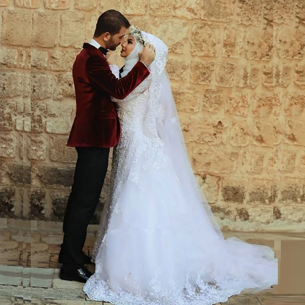 Muslim High Neck Long Sleeve Dubai Arabic Mermaid Wedding Dress Elegant Appliques Lace Saudi Bridal Gown Vestido De Noiva