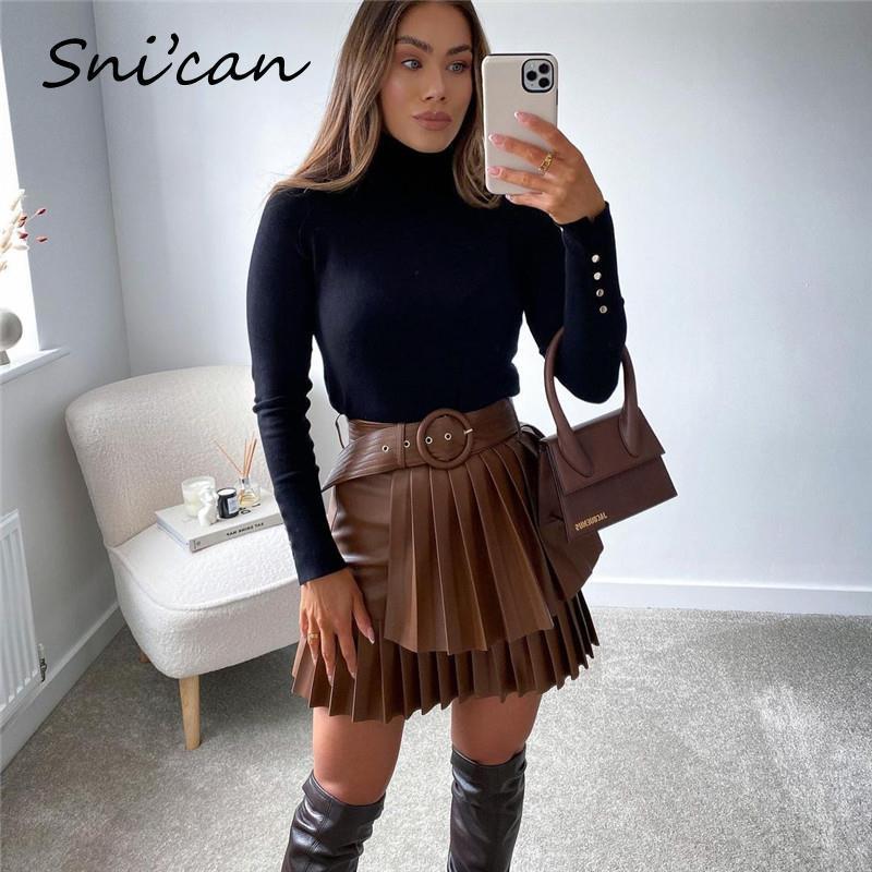 Bown Pu Leather Skirt With Belt Fashion Autumn Sprint Cascading Pleated High Waist Jupe Cuir Femme Women Falda Plisada 220322
