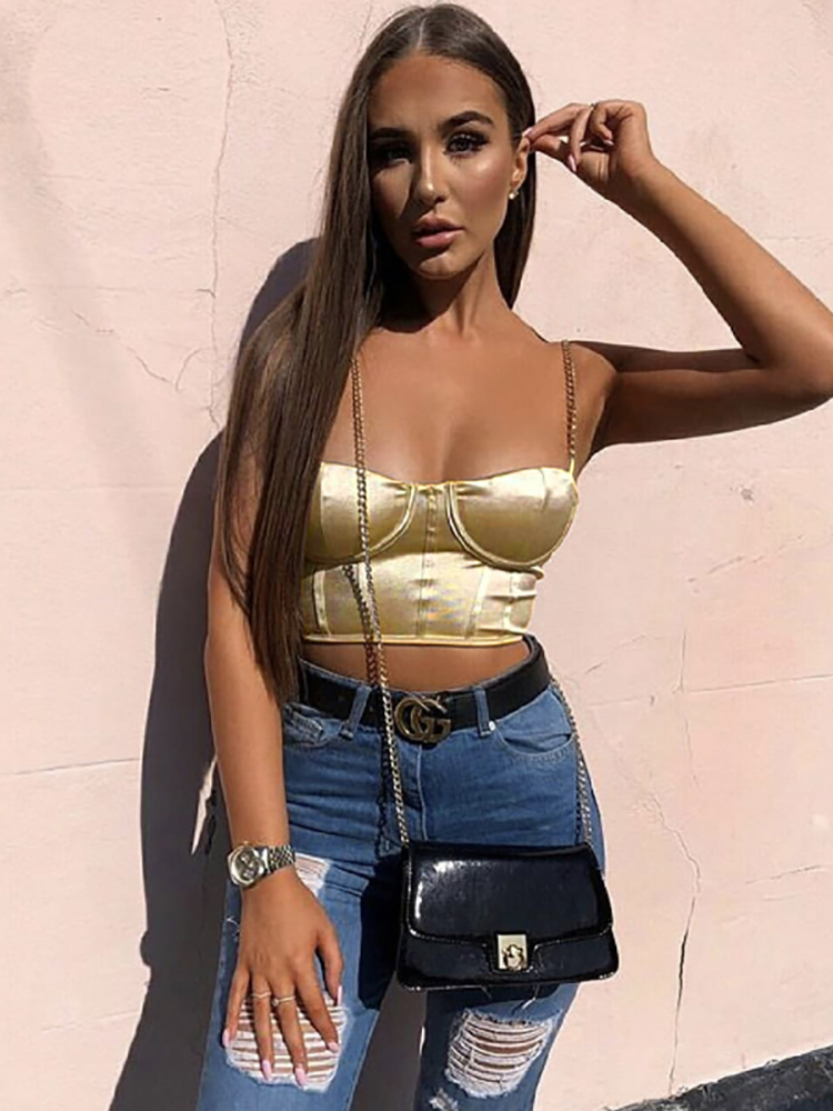 Asia Summer Crop Top Women Sexy Bustier Blackless Chain Strap Padded ped Casual Satin Black s Clothes 220325