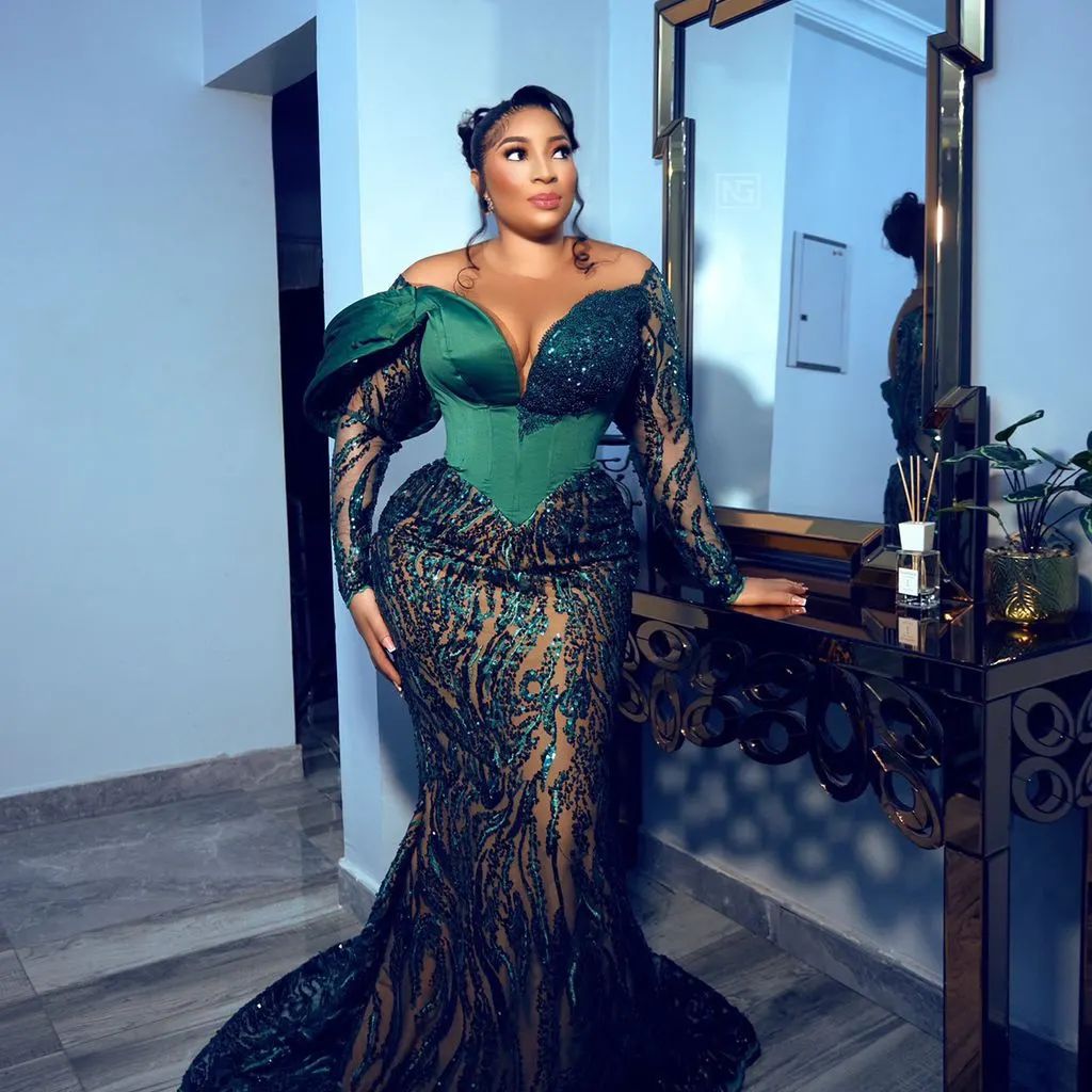 2022 Plus Size Arabic Aso Ebi Dark Green Mermaid Prom Dresses Sheer Neck Evening Formal Party Second Reception Birthday Engagement Gowns Dress ZJ206