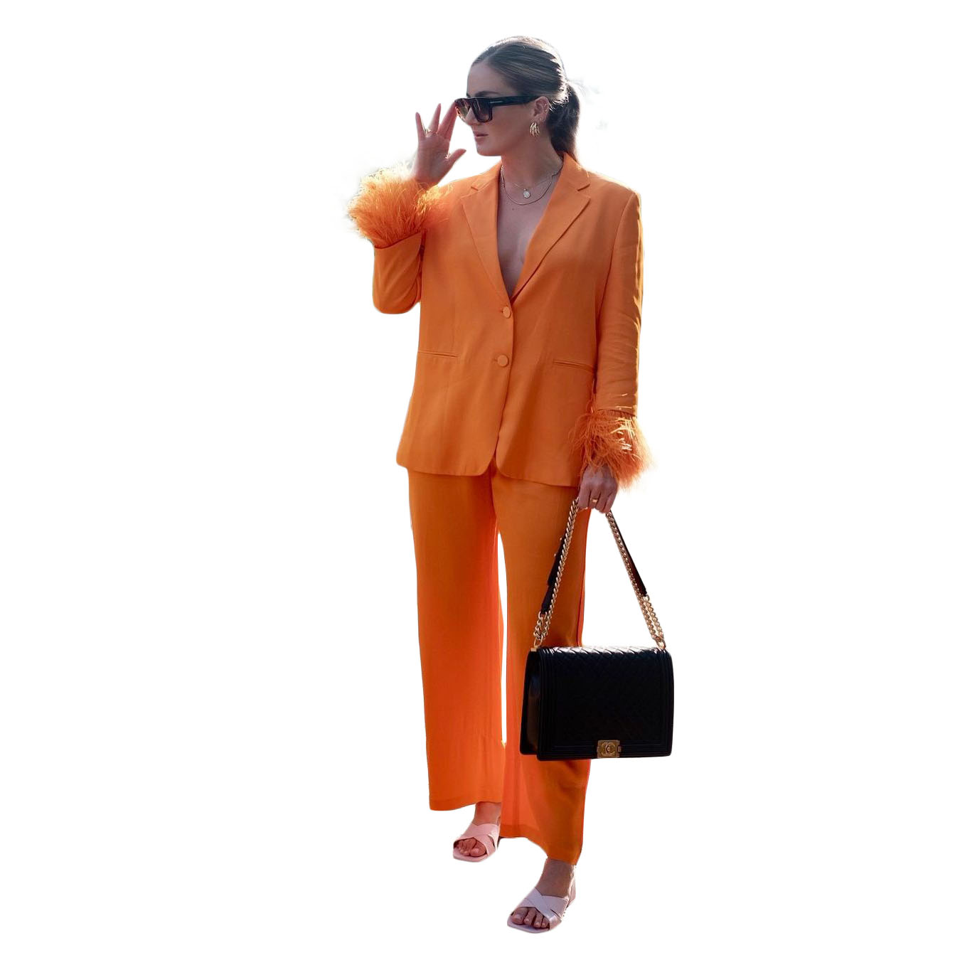 Ostrich Feather Leisure Mother of the Bride Suits For Wedding Orange Women Sexy Loose Wear Trousers Set 2 Pieces