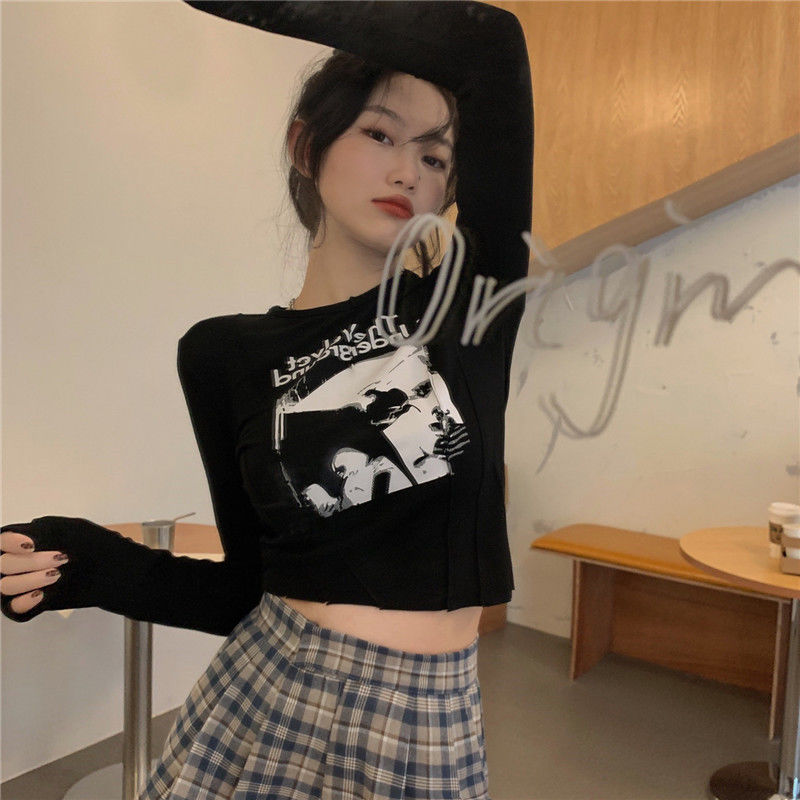 Korean Fashion Clothing Casual Slim T-shirt For Women O Neck Long Sleeve Sexy Crop Top Grunge Letters Print Female 220321