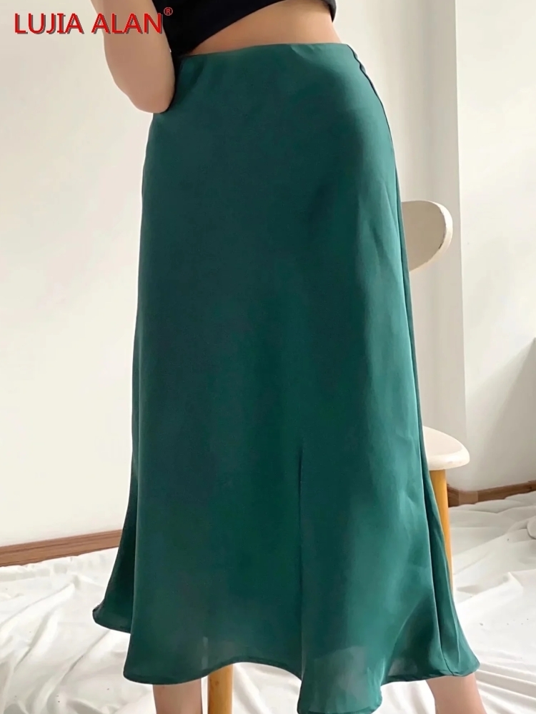 Sale Solid Satin Elastic Waist Women A-Line Skirt Summer Female Slim Falda Midi LUJIA ALAN P1596 220317