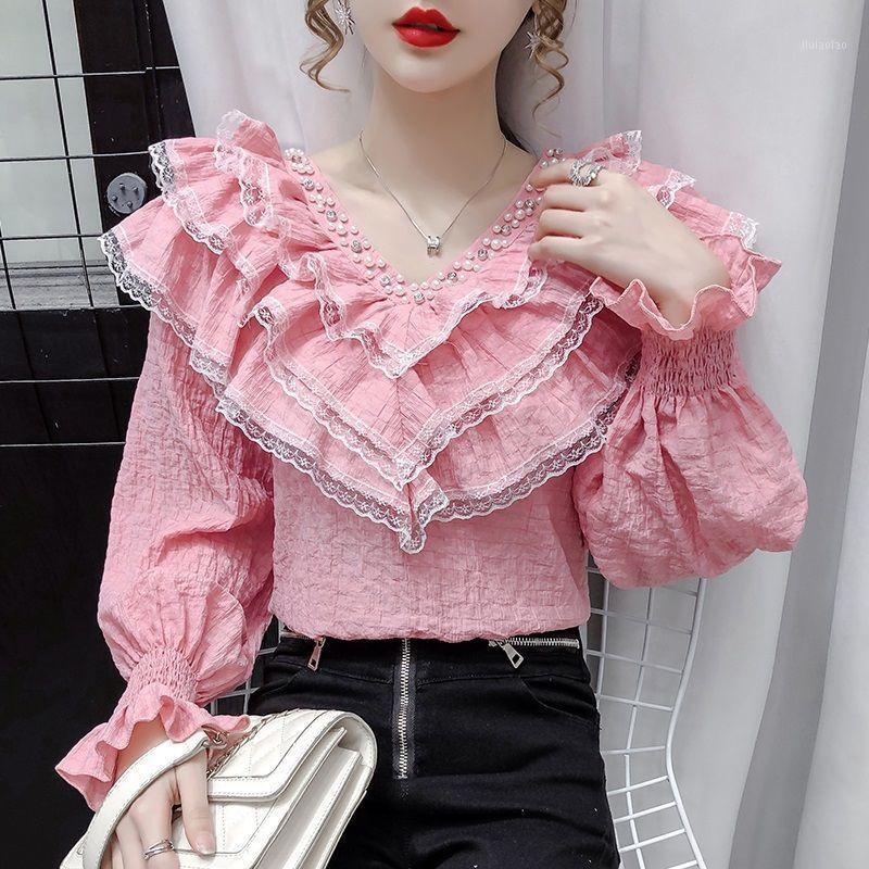 Women' Blouses & Shirts 2022 Women Spring Fashion Lace Solid Color Female Long Sleeve Ruffled Ladies V-neck Pullover Q369, White
Women' Blouses & Shirts 2022 Women Spring Fashion Lace Solid Color Female Long Sleeve Ruffled Ladies V-neck Pullover Q369, White