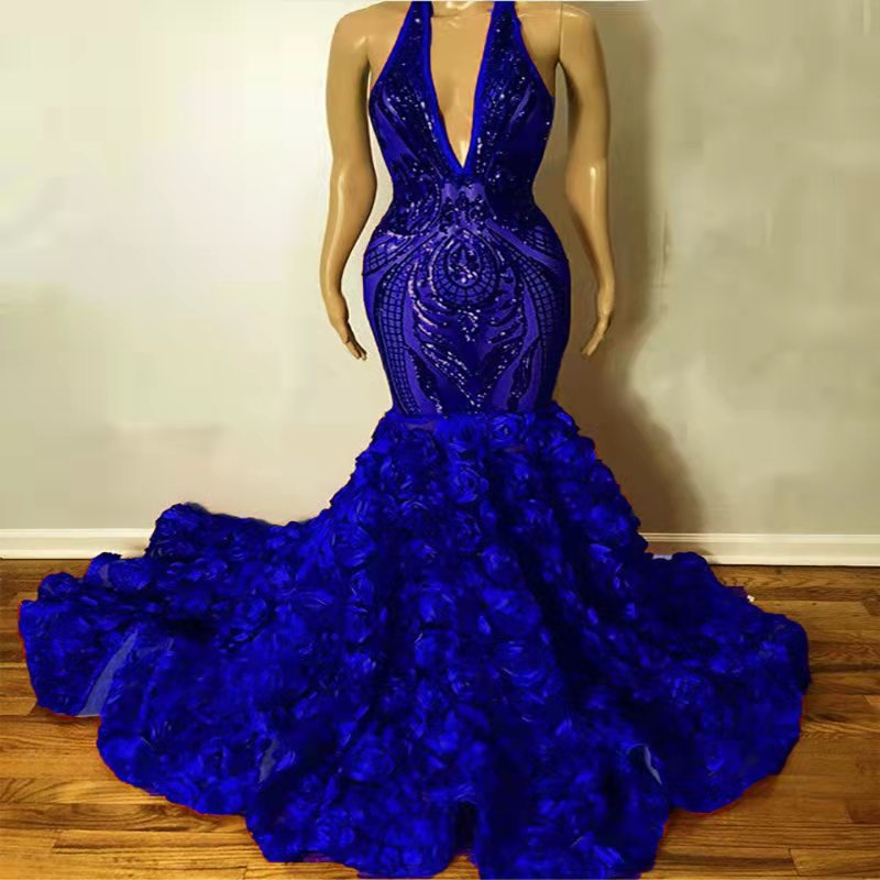 Glitter Purple Sequin Aso Ebi Prom Dresses 2022 Deep V Neck Mermaid Bottom Florals Black Girls Evening Dress Sparkly Formal Party Gown African Plus Si