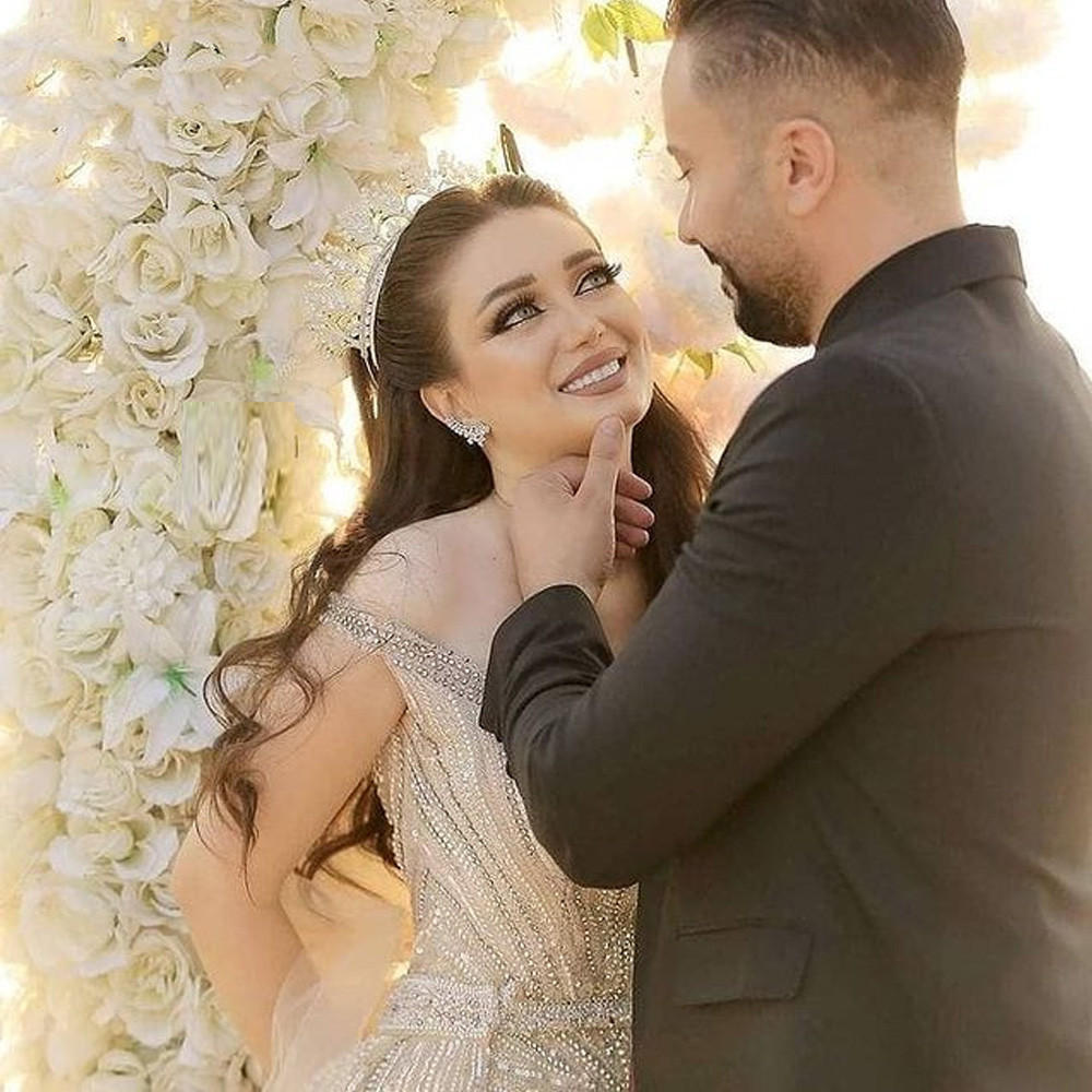 Sparkly Champagne Mermaid Country Wedding Dresses with Remove Train 2022 Off Shoulder Arabic Bohmemian Bridal Reception Gowns