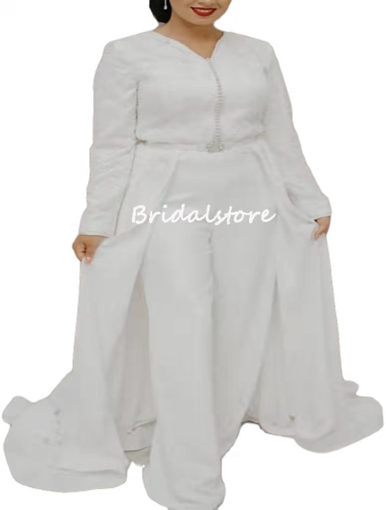 White Caftan Algerian Wedding Dress 2022 Plus Size Long Sleeve Jumpsuit Boho Bridal Dresses With Pantsuit Beadd Lace Muslim Bride Party Gowns Sexy Rob
