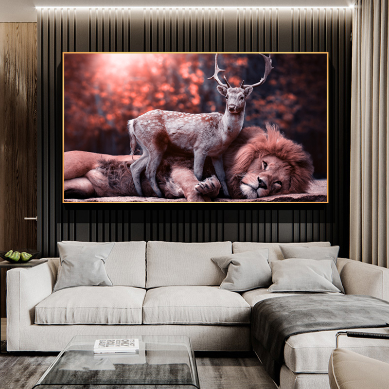 Nordic Poster Black And White Lion Deer Pictures Animal Lying Ground Canvas Painting Wall Art For Living Room Posters And Prints
