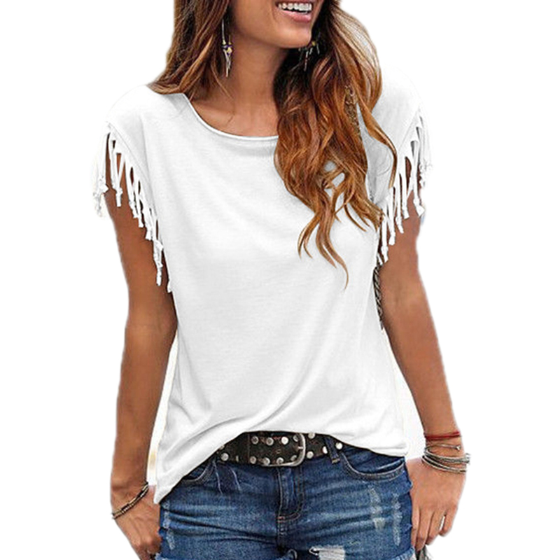 Casual Tassel T-Shirt Cotton Short Sleeve Solid Color Tees O Neck Women's Clothing Spring Summer Top Ladies 220328