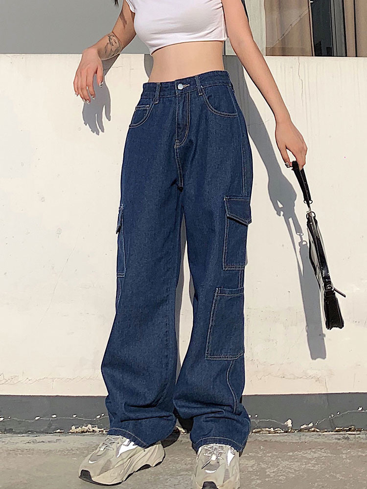 Weekeep Fashion Streetwear Women Jeans Pocket High Waist Jeans Korean Casual Straight Harajuku Denim Pants Baggy Cargo Pants 220701