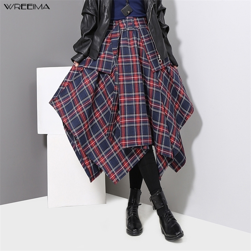 wreeima High Waist Red Plaid Split Joitn Asymmetry Loose Big Hem Halfbody casual Skirt Women Fashion midi Skirt autumn T200113