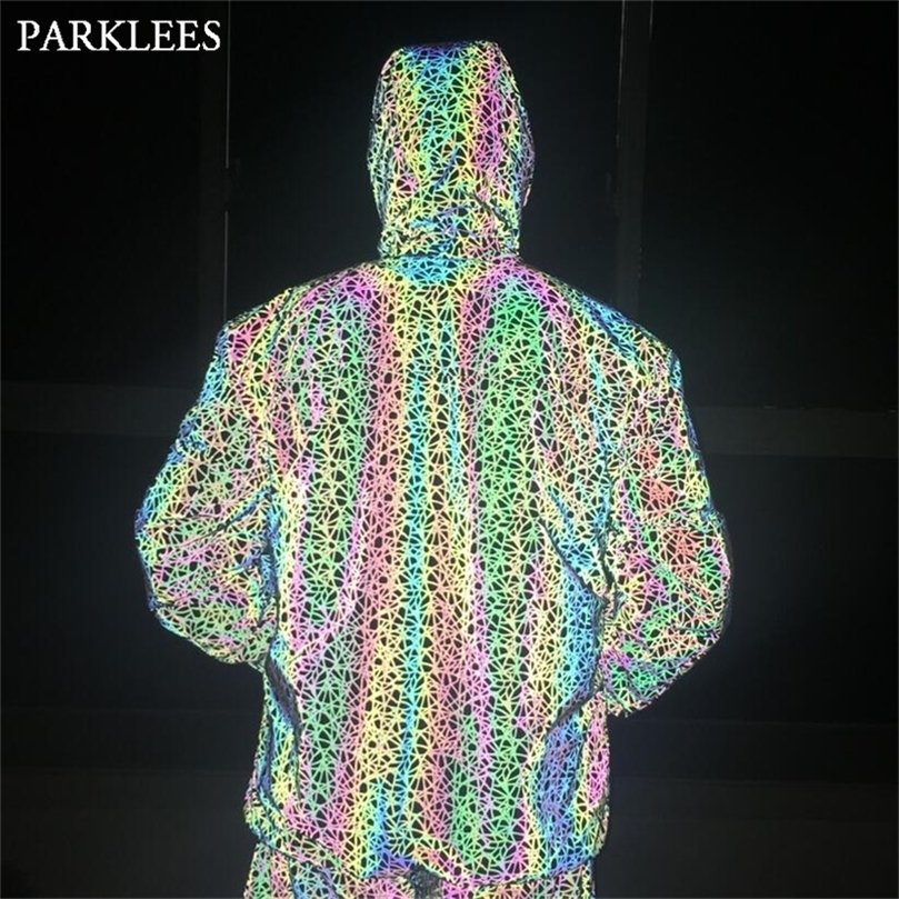 Hip Hop Line Reflective Hooded Jacket Men Spider Web Night Sporting Fluorescent Jackets Coats Mens Harajuku Streetwear 201127
