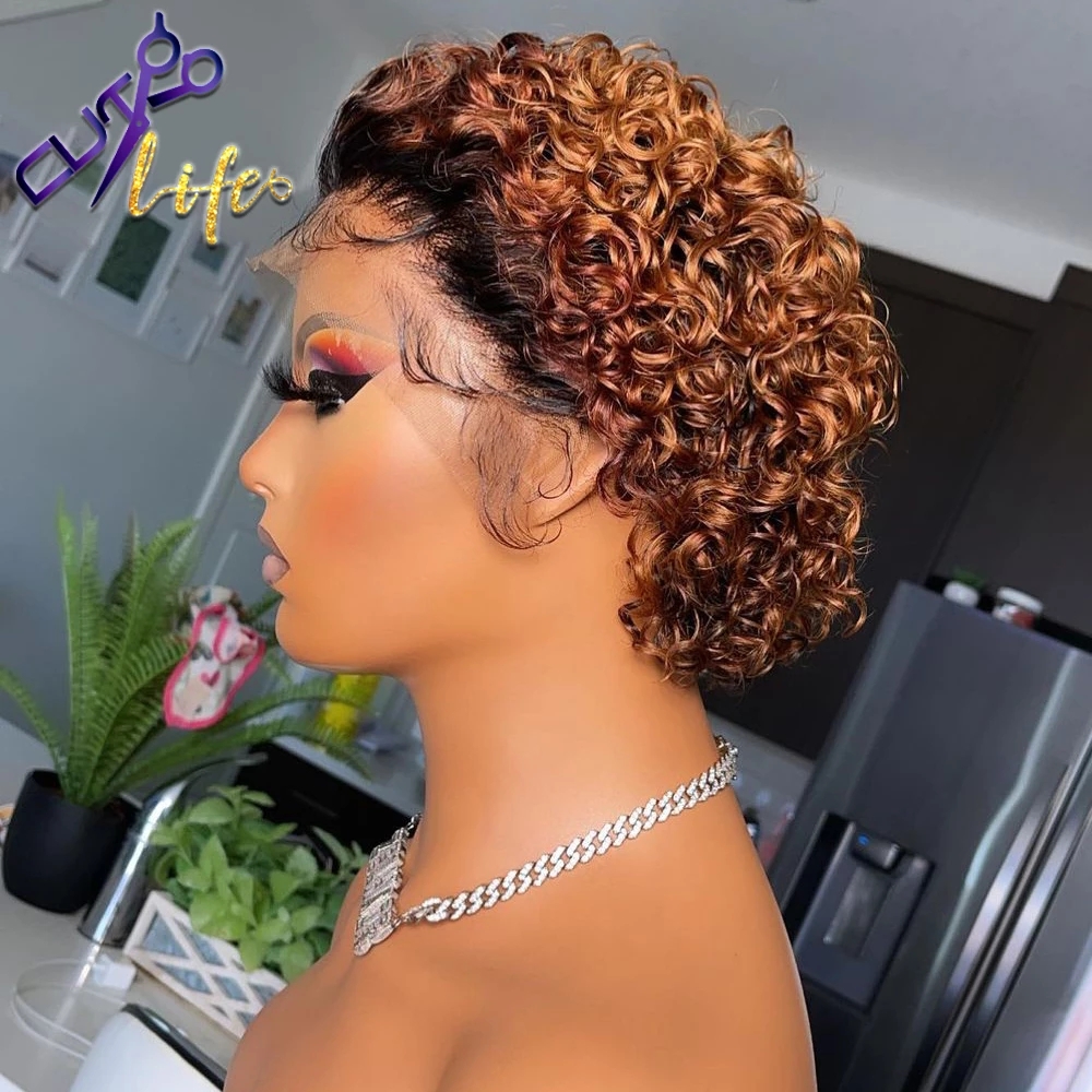 Ombre Blonde Pixie Cut Wig Short Bob Curly Human Hair Wig With Natural Hairline Transparent Lace Wigs For Women Pre Plucked
