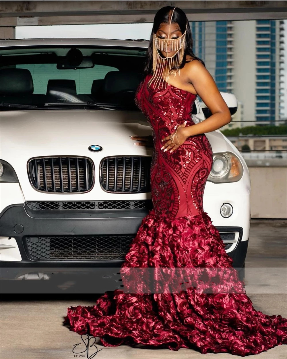 Sparkly Bury Mermaid Prom Dresses With 3D Wers For Black Girls Sequins Ruffles Plus Size Birthday Party Evening Dress Robe De Bal Custom Lz0304