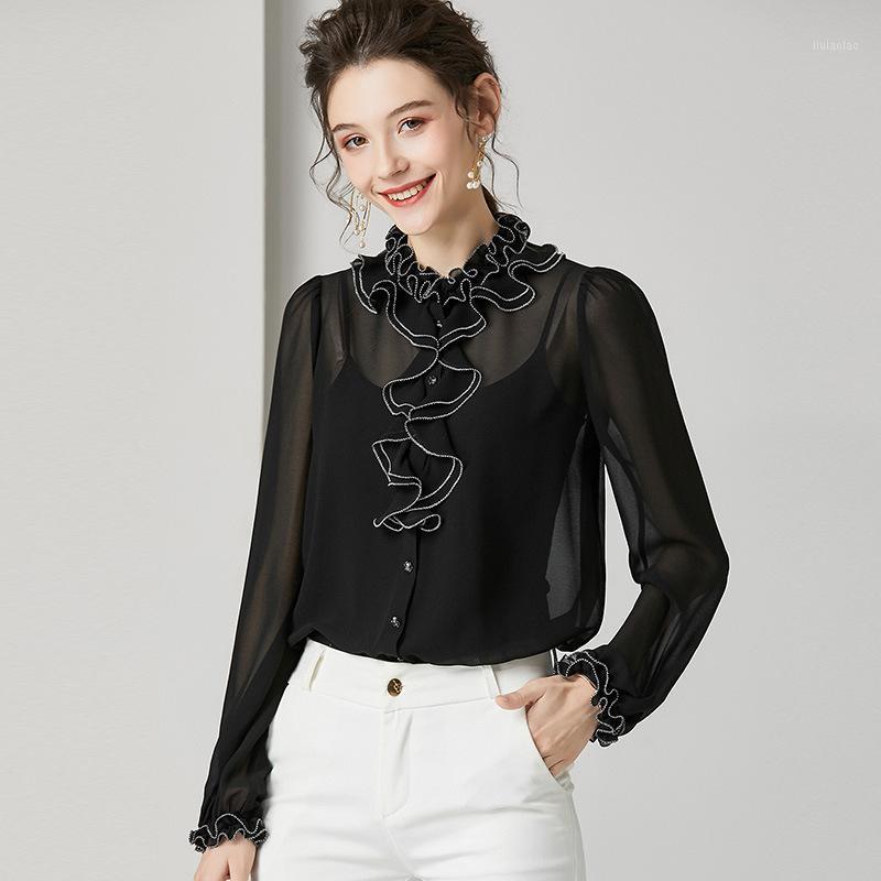 Women' Blouses & Shirts Women Spring Silk Blouse Fashion Lantern Sleeve Ruffled Casual Work Shirt Slim Perspective Elegant Lady Tops, Black
Women' Blouses & Shirts Women Spring Silk Blouse Fashion Lantern Sleeve Ruffled Casual Work Shirt Slim Perspective Elegant Lady Tops, Black