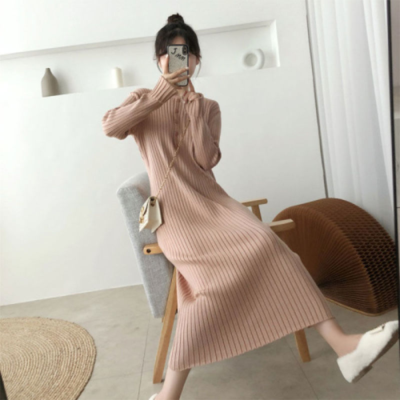 2022 French Style Long Sweater Dress Knitting Solid Dress Women's Autumn And Winter Wear Minimalism Dress 220317