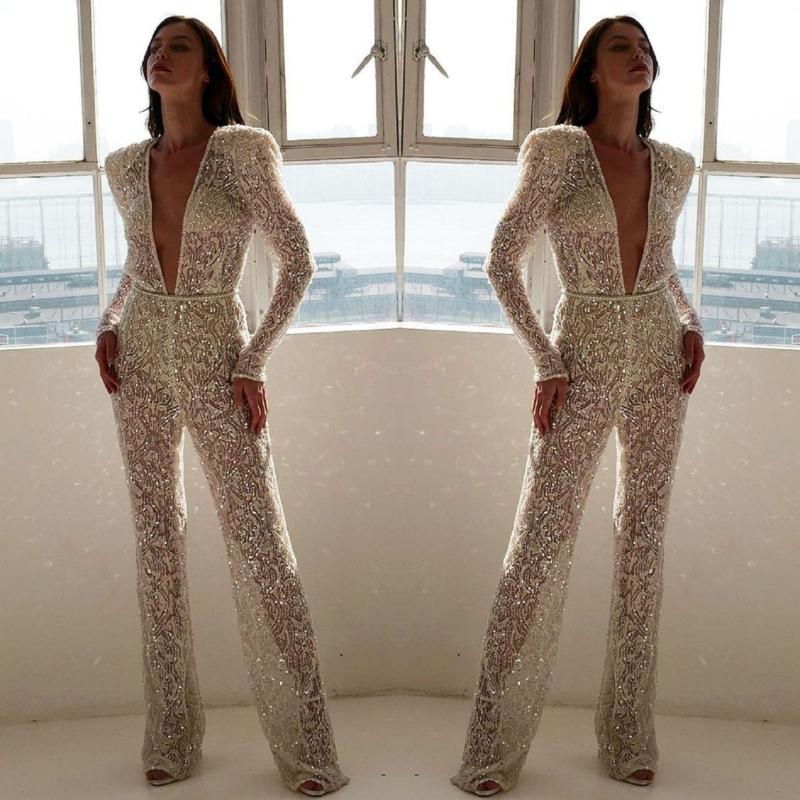 Women's Jumpsuits & Rompers Sparkly Jumpsuit Sexy Elegant Summer Sequin Woman Fashion 2022 Women Exquisite Embroidery Lace Perspective