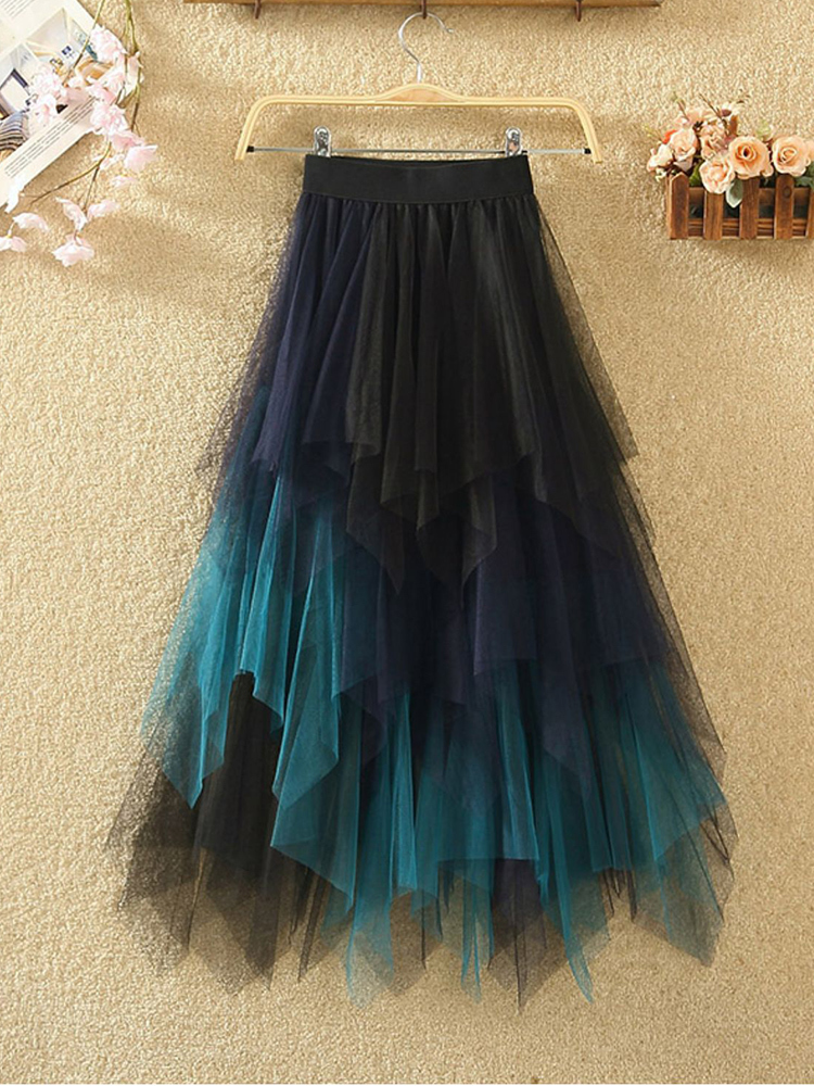 TIGENA Long Tutu Tulle Skirt Women Fashion Summer Korean Irregular Contrast Color High Waist Pleated Maxi Female 220317