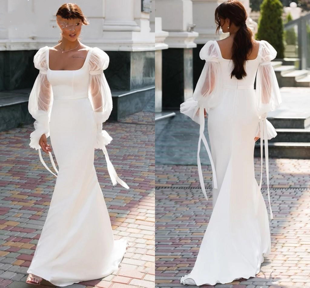 Mermaid Wedding Dresses Appliqued Tulle Lace Long Sleeves Squre Neck Simple Satin Custom Made Plus Size Country Bridal Gown, Custom made from color chart
Mermaid Wedding Dresses Appliqued Tulle Lace Long Sleeves Squre Neck Simple Satin Custom Made Plus Size Country Bridal Gown, Custom made from color chart