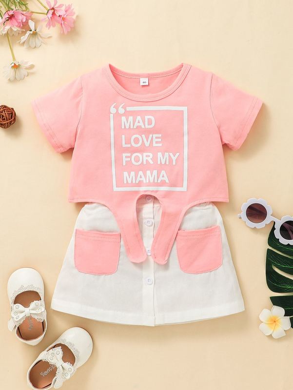 Toddler Girls Slogan Graphic Asymmetrical Hem Tee & Dual Pocket Skirt SHE