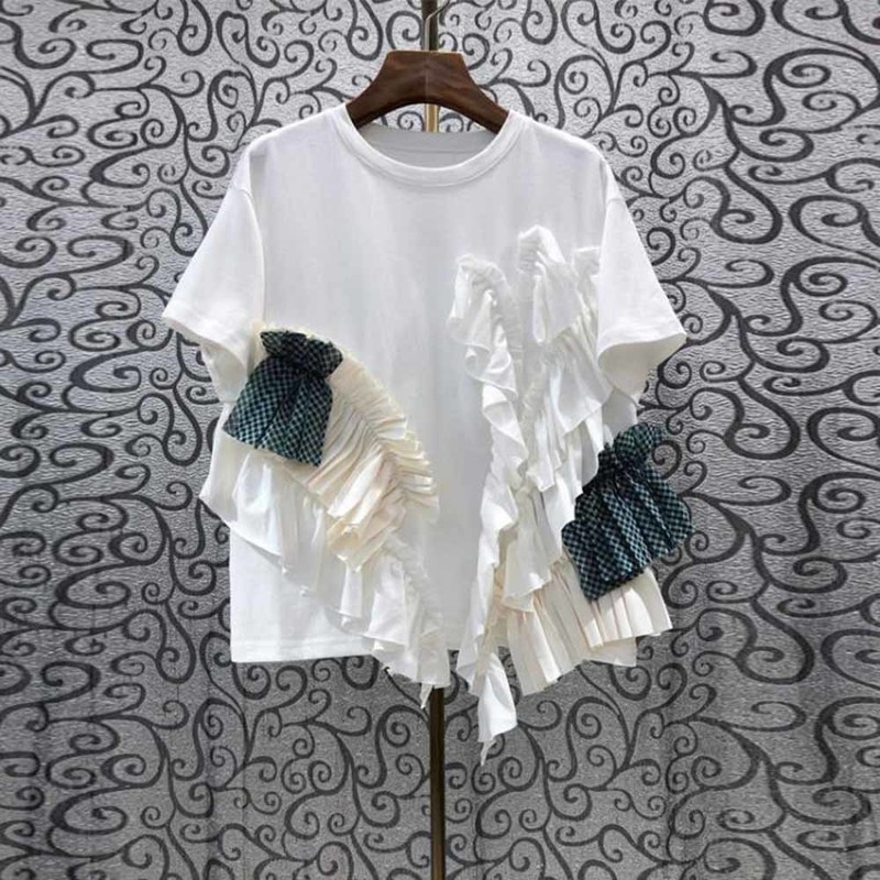 New 2022 T Shirt Women Ruffle Patchwork O Neck Short Sleeve Casual Graphic Tshirts Korean Style All-match Loose Tops 220613, White
New 2022 T Shirt Women Ruffle Patchwork O Neck Short Sleeve Casual Graphic Tshirts Korean Style All-match Loose Tops 220613, White