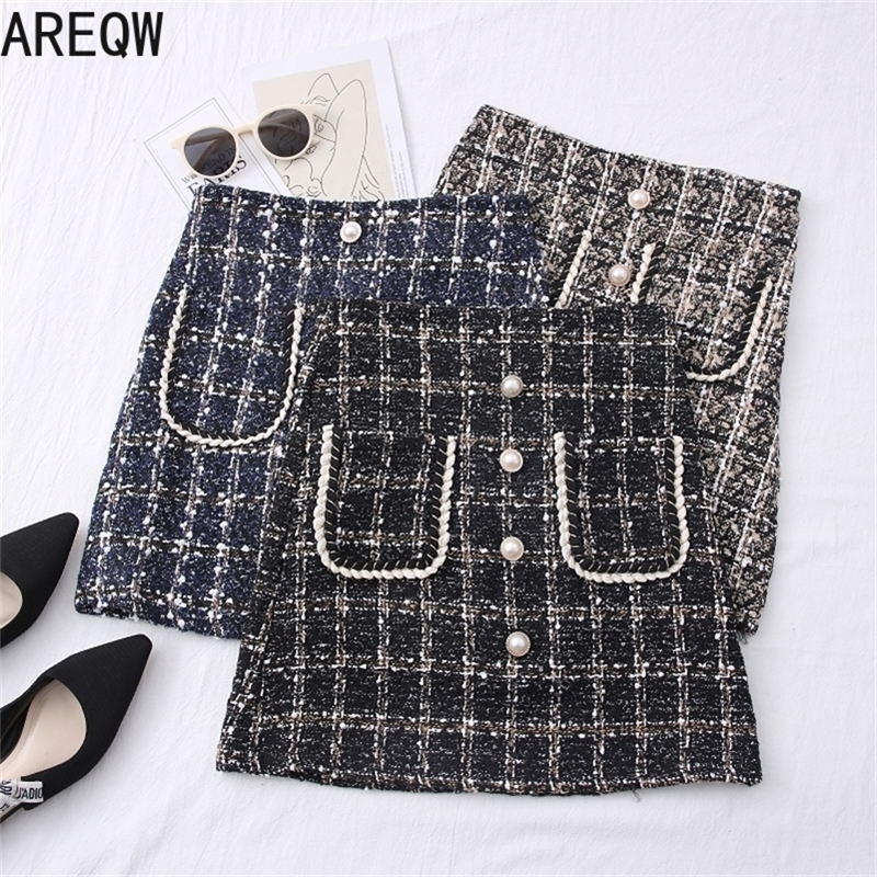 Spring Autumn Women Clothes Tweed Skirts Slim Short Mini Skirt with Two Pockets 210306