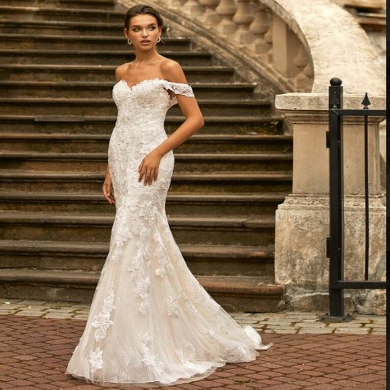 Vintage Boho Wedding Dress 2 in 1 Detachable Train Elegant Mermaid Lace Country Wedding Dresses 2022 Off The Shoulder Black Girls Bride Vestidos De No