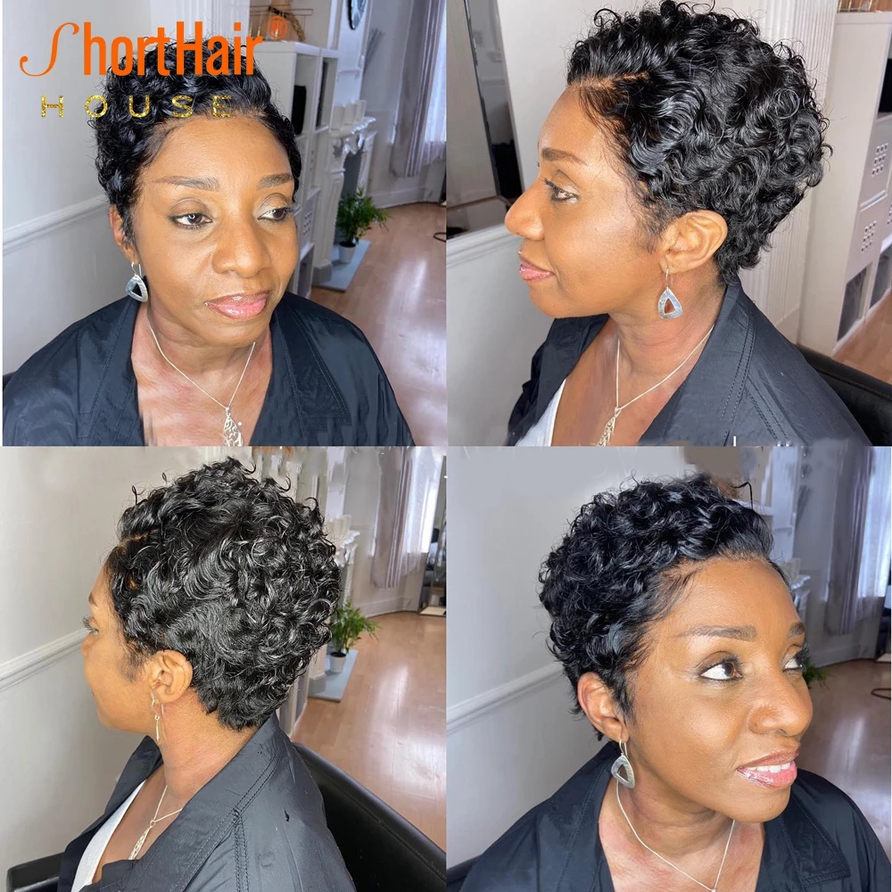 Short Bob Pixie Cut Human Hair Wig Black/Blonde/Brown Colored Curly None Lace Frontal Wigs for Women