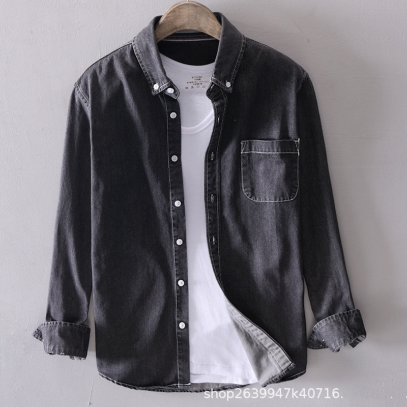 Spring Men's Thin Lapel Denim High-Quality Fashion Casual Long-Sleeved Shirt Solid Color Classic Cotton Plus Size Top 2206