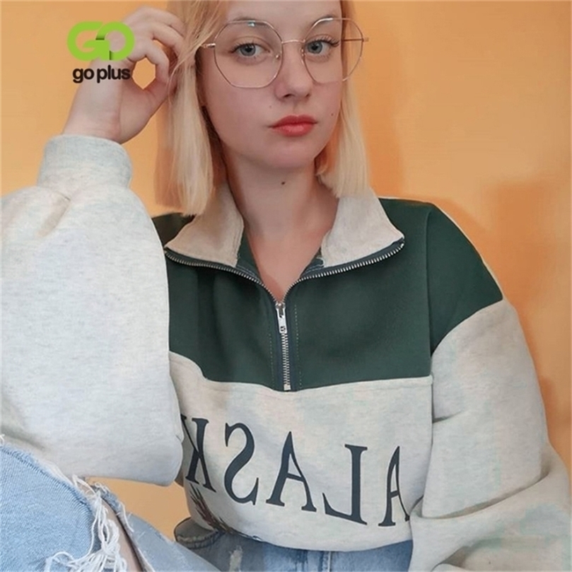GOPLUS Women Hoodie Collar Sweatshirts Stand Half Zipper Letter Printing Long Sleeve Sweatshirts Vintage Casual Plus Size Hoodie 201216