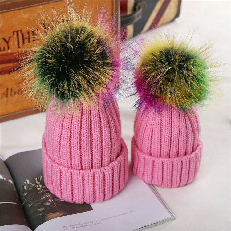 Caps & Hats Winter Rainbow Color Real Fur Pompom Knitted Kids Casual Thick 220823