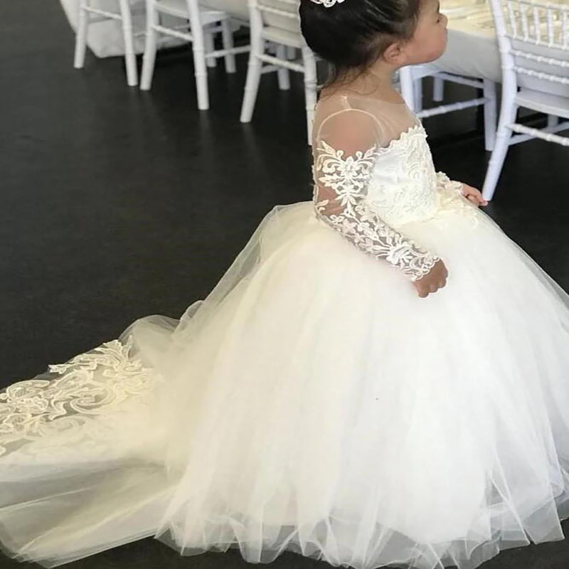 New Flower Girl Dress Brithday Party Wedding Formal Pageant Dress Occasion Princess Tutu Appliqued Lace Bow Kids ceremonial first Holy communion girls