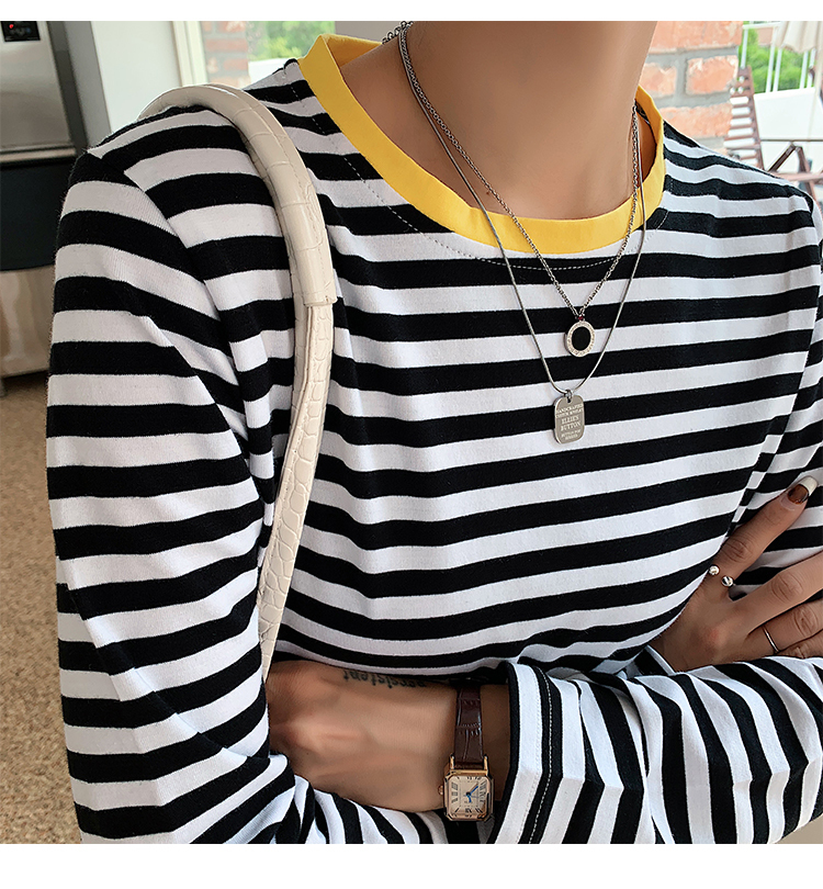 Women Black And White Stripes Casual Tops O Neck Long Sleeve Loose Pullover T-shirt Autumn Fashion Korea Shirt Cotton 220328