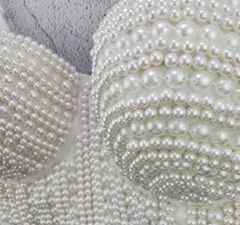 Sexy Pearls Cropped Tops Women Bustier White Tank Rave Festival Club Party Underwear Camis 220325