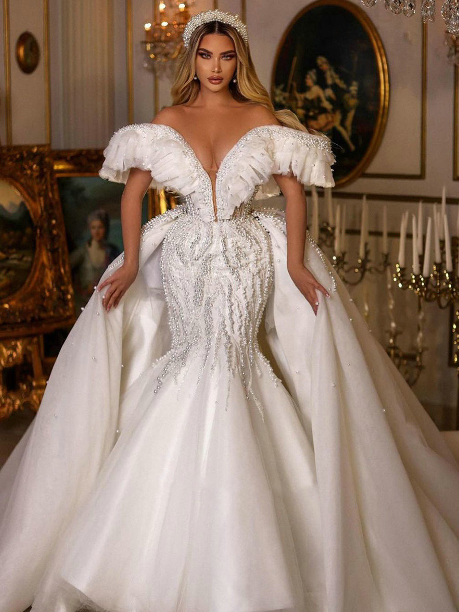 Luxurious Pearls Mermaid Wedding Dresses Detachable Train Off The Shoulder Ruffles Diamond Saudi Arabic Bridal Gowns
