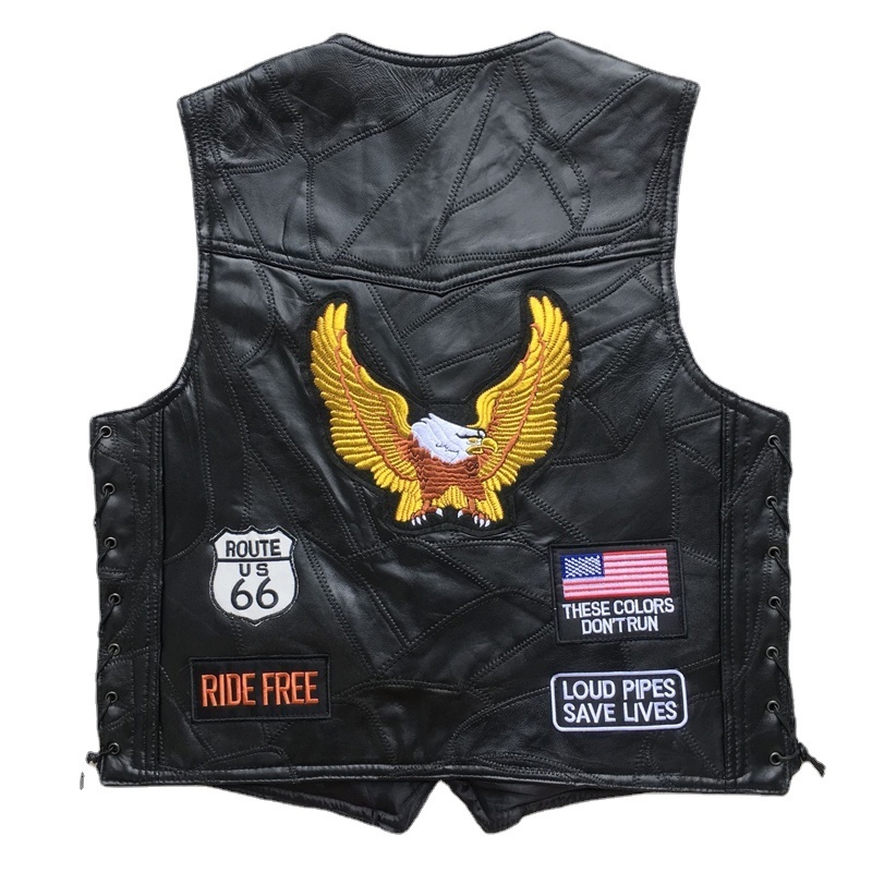Four Seasons Sleeveless Jacket Leather Men Motorcycle Vest Embroidery Sheepskin Splicing Biker Waistcoat Male Classic Retro 220727