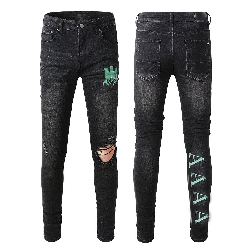 2022ss Tops Mens Jeans Designer Jeans For Man Retro Torn Fold Stitching Motorcycle Riding Slim Fit Washed Motocycle Green Letter Denim Pants Blac