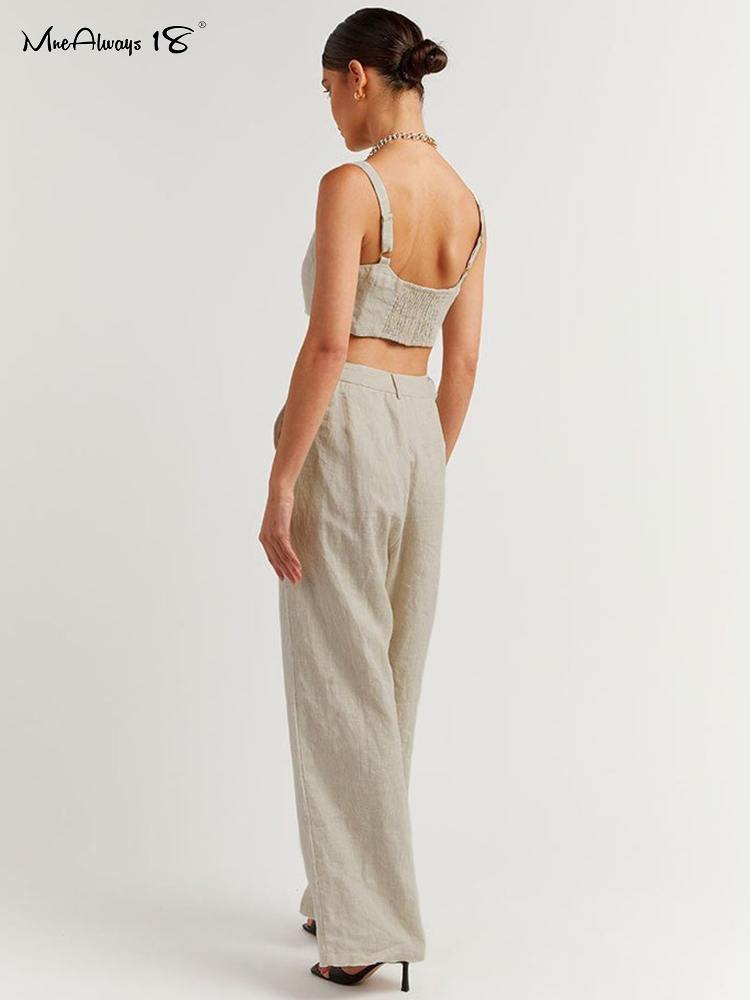 Mnealways18 Cotton Linen Women Summer Outfit Sleeveless Crop Top And Palazzo Pants 2 Piece Set Female Midriff Suits 220509