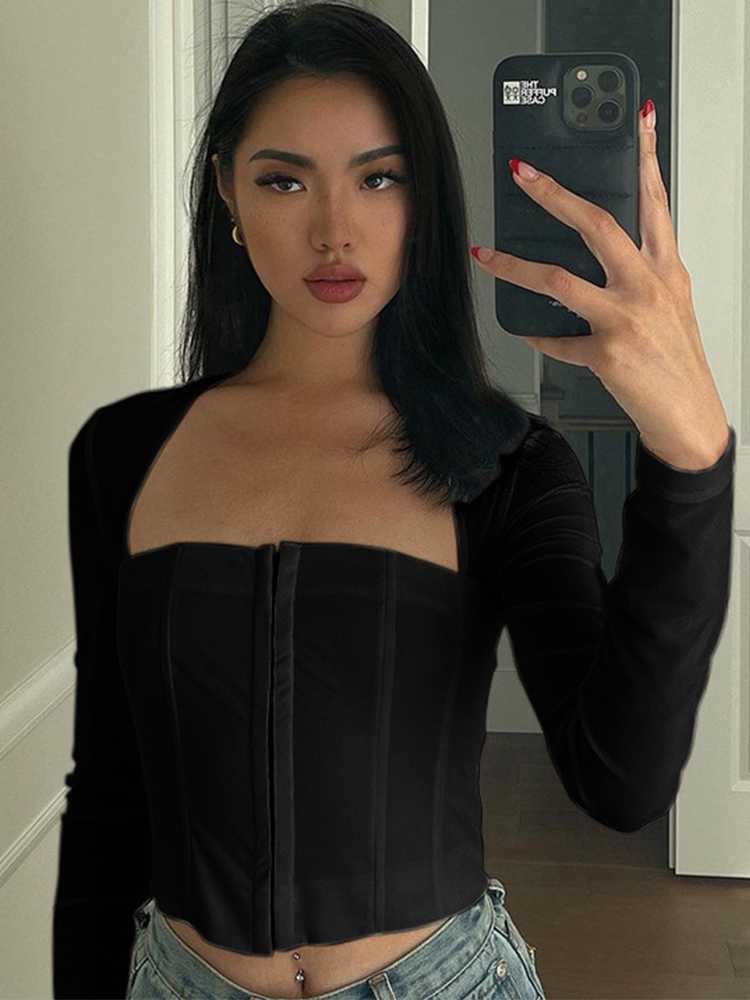 Mesh Top Women Long Sleeve Crop Square Neck T-Shirt Fairy Grunge Solid White Hook Eye s Sexy Brown Tee Shirt Y2K Clothes 220321