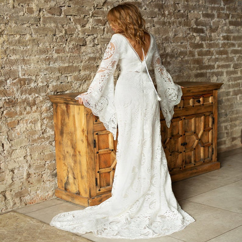 Princess Flare Sleeve Boho Wedding Dress 2022 Sexy Backless Crochet Lace Mermaid Bohemian Beach Wedding Dresses Long Elegant Robe De Mariée Vestido No