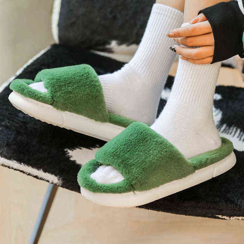 2022 Women Slippers Winter Fluffy Fur Furry Thick Platform Home Warm Plush Slides Men Non-slip Flip Flops Indoor Cotton Shoes G220816