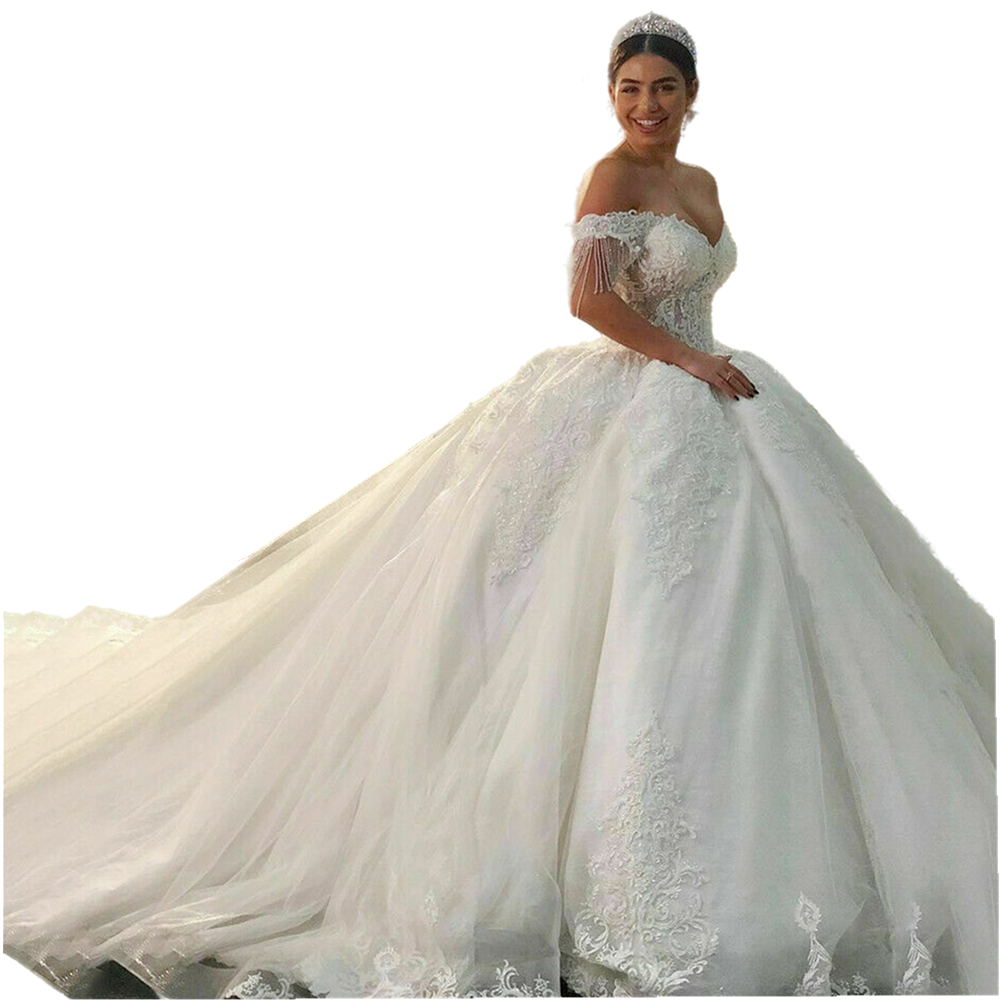 Luxury Beaded Lace Wedding Dress Long Train 2022 Elegant Off Shoulder Tulle Bridal Ball Gowns Sweetheart Princess Pattern Church Wedding Dresses Custo